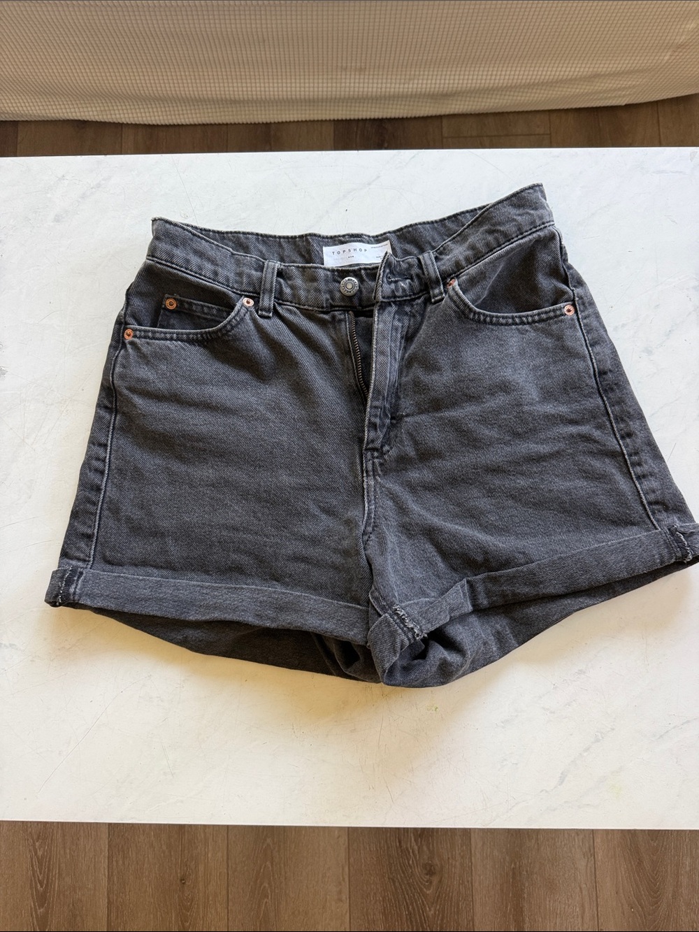 Topshop Black Wash Rolled Hem Mom Denim Shorts